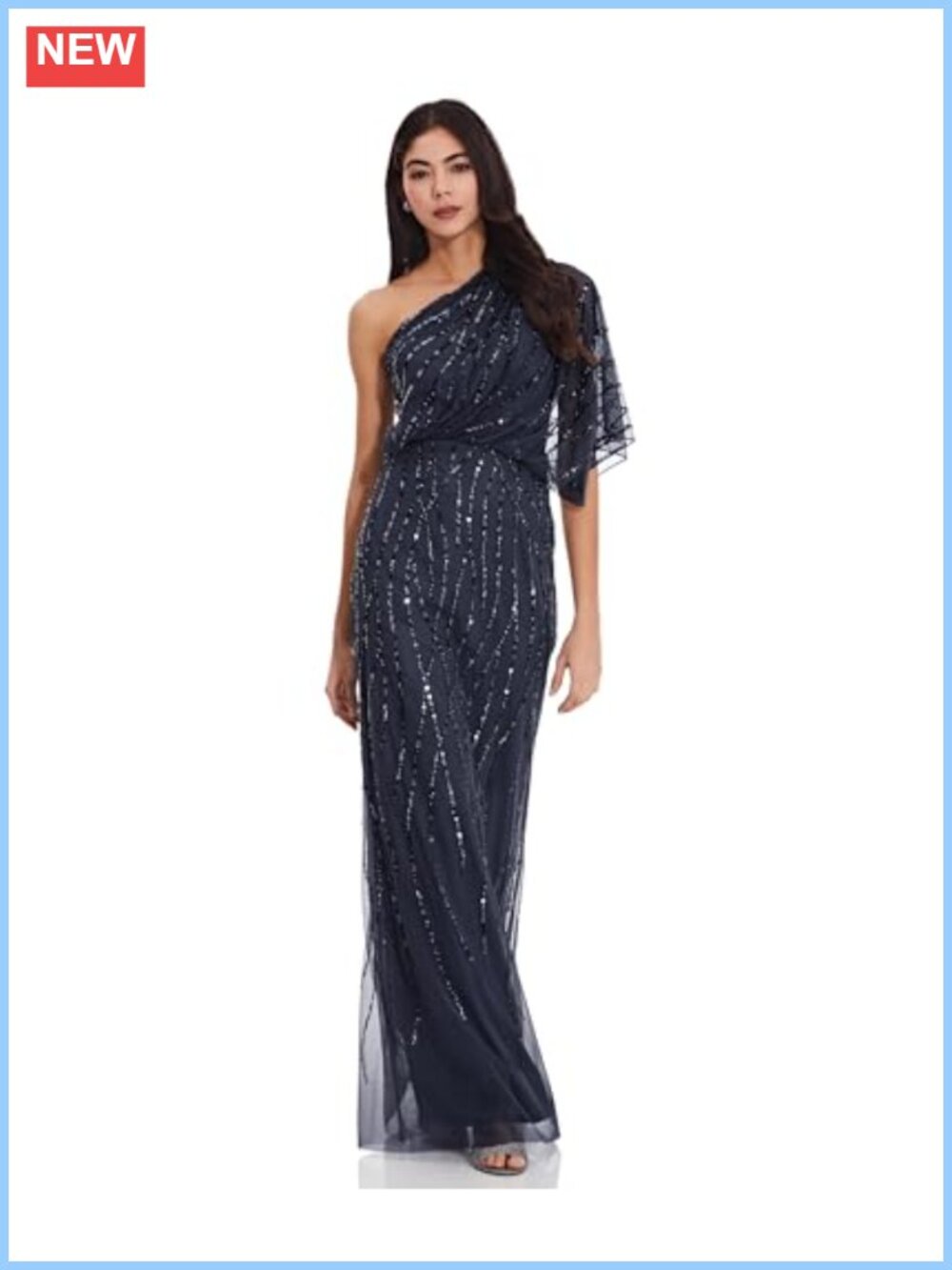 Adrianna Papell Long Beaded Dress One-Shoulder Flutter Sleeve Mermaid Formal